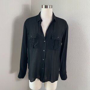 James Perse Womens Small Black Button Up Long Sleeve Blouse Shirt Lightweight